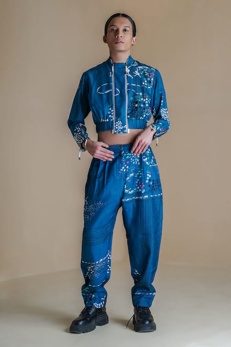 Anurag Gupta Blue Dola Silk Printed High Evolution Double Zip Jacket And Pant Set  