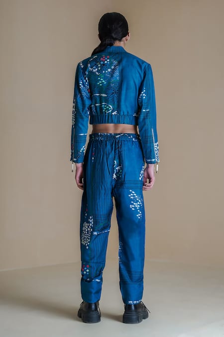 Shop Anurag Gupta Blue Denim, Silk High Neck Evolution Double Zip Printed Jacket And Pant Set at Aza Fashions Shop_Anurag Gupta_Blue Denim, Silk High Neck Evolution Double Zip Printed Jacket And Pant Set _at_Aza_Fashions