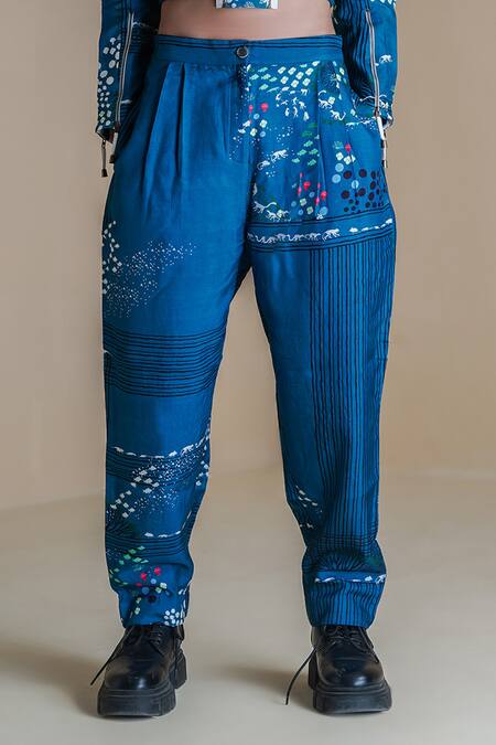 Buy Anurag Gupta Blue Denim, Silk High Neck Evolution Double Zip Printed Jacket And Pant Set Online at Aza Fashions Buy_Anurag Gupta_Blue Denim, Silk High Neck Evolution Double Zip Printed Jacket And Pant Set _Online_at_Aza_Fashions