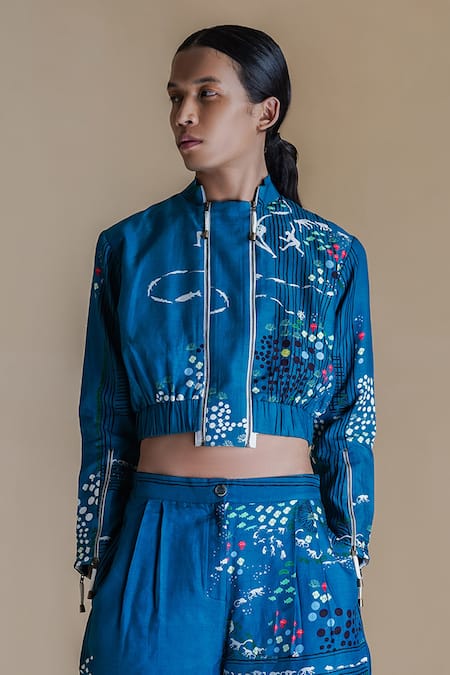 Shop Anurag Gupta Blue Denim, Silk High Neck Evolution Double Zip Printed Jacket And Pant Set Online at Aza Fashions Shop_Anurag Gupta_Blue Denim, Silk High Neck Evolution Double Zip Printed Jacket And Pant Set _Online_at_Aza_Fashions