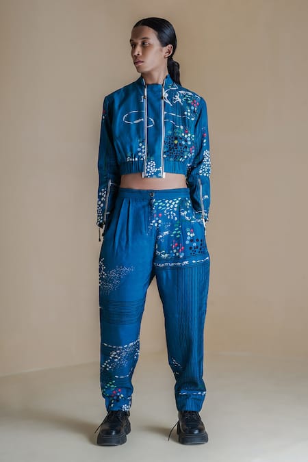 Anurag Gupta Blue Denim, Silk High Neck Evolution Double Zip Printed Jacket And Pant Set at Aza Fashions Anurag Gupta_Blue Denim, Silk High Neck Evolution Double Zip Printed Jacket And Pant Set _at_Aza_Fashions