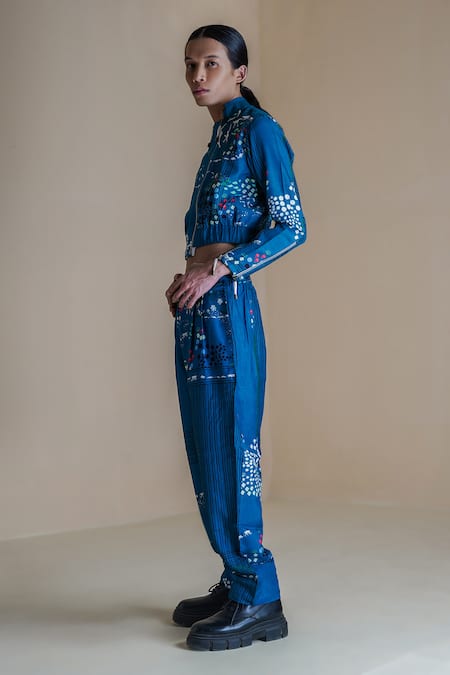 Buy Anurag Gupta Blue Denim, Silk High Neck Evolution Double Zip Printed Jacket And Pant Set Buy_Anurag Gupta_Blue Denim, Silk High Neck Evolution Double Zip Printed Jacket And Pant Set