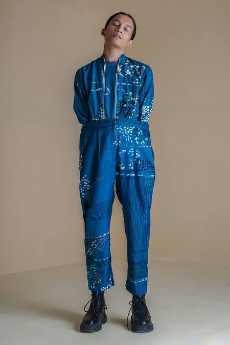 Shop Anurag Gupta Blue Denim, Silk High Neck Evolution Double Zip Printed Jacket And Pant Set Shop_Anurag Gupta_Blue Denim, Silk High Neck Evolution Double Zip Printed Jacket And Pant Set