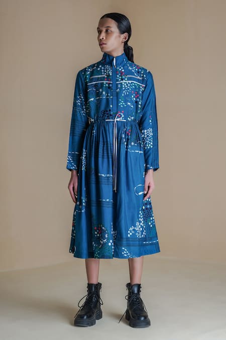 Anurag Gupta Blue Dola Silk Printed High Collar Evolution Jacket Dress  