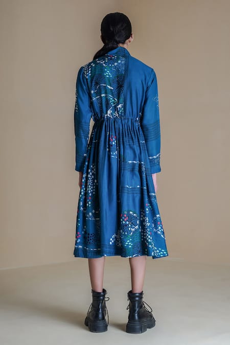 Shop Anurag Gupta Blue Denim, Silk High Neck Evolution Printed Jacket Dress at Aza Fashions Shop_Anurag Gupta_Blue Denim, Silk High Neck Evolution Printed Jacket Dress _at_Aza_Fashions