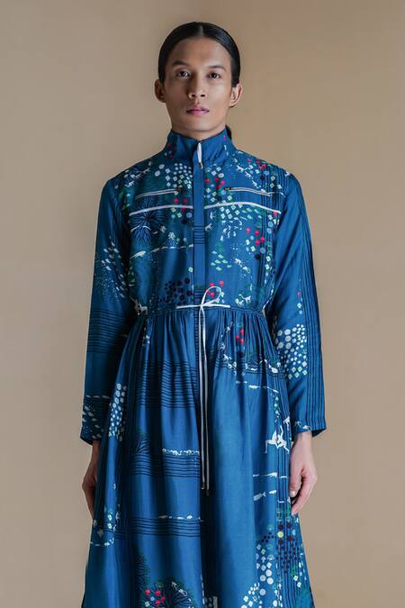 Anurag Gupta Blue Denim, Silk High Neck Evolution Printed Jacket Dress Online at Aza Fashions Anurag Gupta_Blue Denim, Silk High Neck Evolution Printed Jacket Dress _Online_at_Aza_Fashions