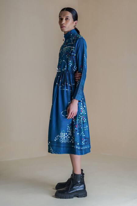 Shop Anurag Gupta Blue Denim, Silk High Neck Evolution Printed Jacket Dress Online at Aza Fashions Shop_Anurag Gupta_Blue Denim, Silk High Neck Evolution Printed Jacket Dress _Online_at_Aza_Fashions