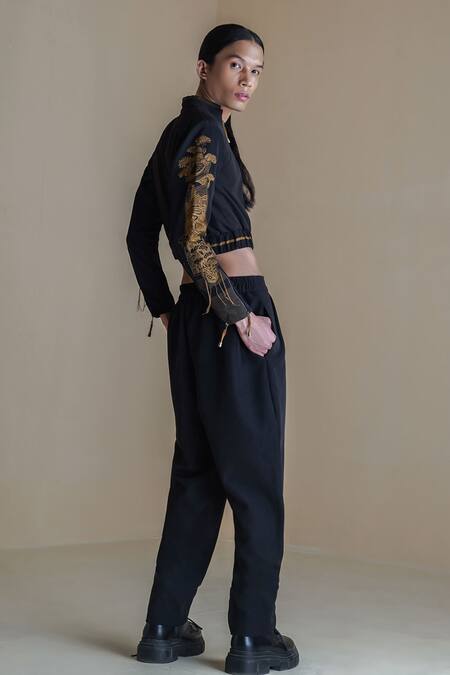 Buy Anurag Gupta Black Crepe Embroidery High Neck Lucian Jacket And Pant Set Online at Aza Fashions Buy_Anurag Gupta_Black Crepe Embroidery High Neck Lucian Jacket And Pant Set _Online_at_Aza_Fashions