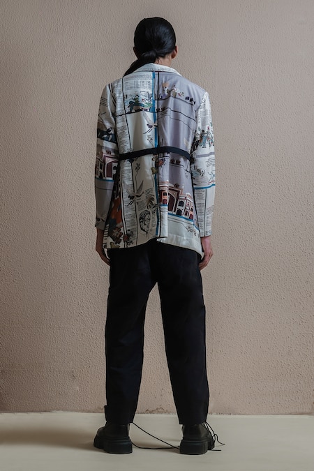 Shop Anurag Gupta Multi Color Silk Collared Newspaper Print Coat And Pant Set at Aza Fashions Shop_Anurag Gupta_Multi Color Silk Collared Newspaper Print Coat And Pant Set _at_Aza_Fashions