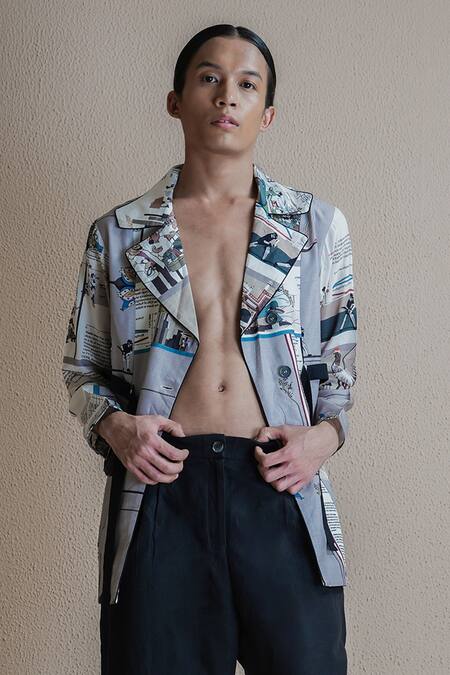 Shop Anurag Gupta Multi Color Silk Collared Newspaper Print Coat And Pant Set Online at Aza Fashions Shop_Anurag Gupta_Multi Color Silk Collared Newspaper Print Coat And Pant Set _Online_at_Aza_Fashions