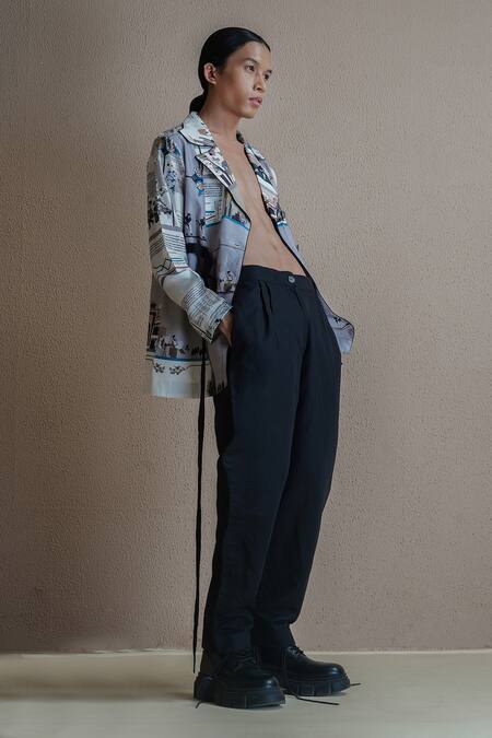 Anurag Gupta Multi Color Silk Collared Newspaper Print Coat And Pant Set at Aza Fashions Anurag Gupta_Multi Color Silk Collared Newspaper Print Coat And Pant Set _at_Aza_Fashions