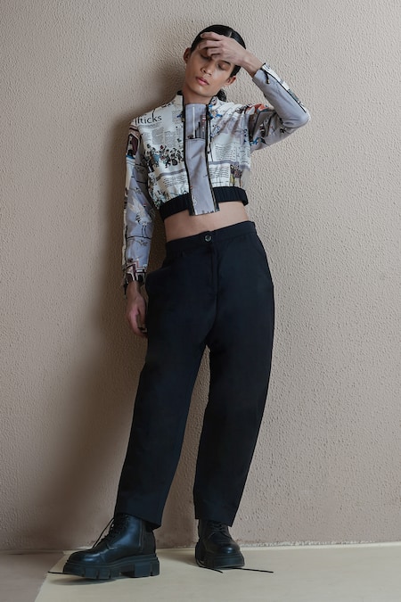 Shop Anurag Gupta Multi Color Silk High Neck Newspaper Print Double Zip Jacket And Pant Set at Aza Fashions Shop_Anurag Gupta_Multi Color Silk High Neck Newspaper Print Double Zip Jacket And Pant Set _at_Aza_Fashions