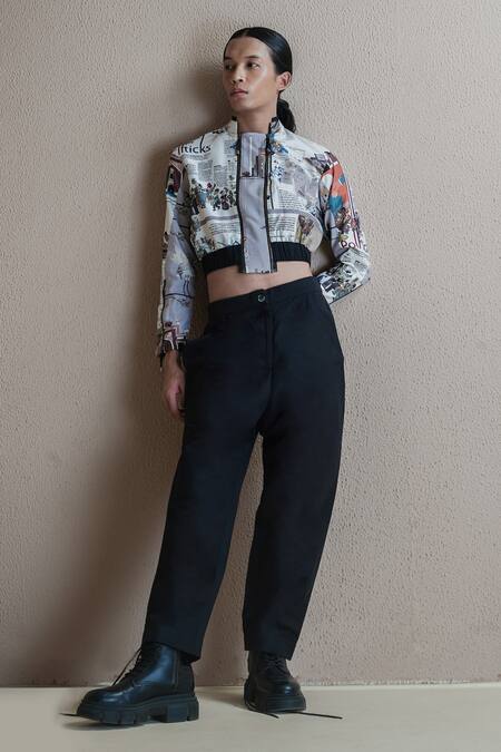 Anurag Gupta Multi Color Silk High Neck Newspaper Print Double Zip Jacket And Pant Set Online at Aza Fashions Anurag Gupta_Multi Color Silk High Neck Newspaper Print Double Zip Jacket And Pant Set _Online_at_Aza_Fashions
