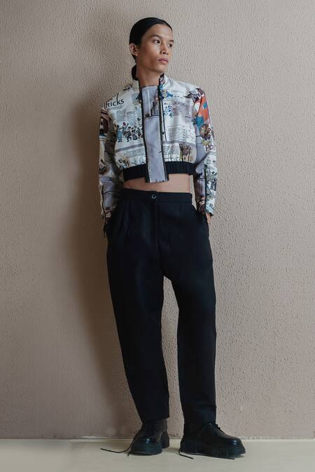 Anurag Gupta Multi Color Silk High Neck Newspaper Print Double Zip Jacket And Pant Set at Aza Fashions Anurag Gupta_Multi Color Silk High Neck Newspaper Print Double Zip Jacket And Pant Set _at_Aza_Fashions