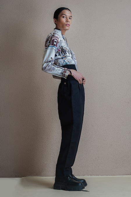Shop Anurag Gupta Multi Color Silk High Neck Newspaper Print Double Zip Jacket And Pant Set Shop_Anurag Gupta_Multi Color Silk High Neck Newspaper Print Double Zip Jacket And Pant Set