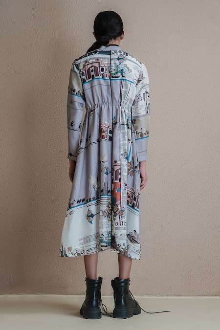 Shop Anurag Gupta Multi Color Denim, Silk High Neck Newspaper Print Dress at Aza Fashions Shop_Anurag Gupta_Multi Color Denim, Silk High Neck Newspaper Print Dress _at_Aza_Fashions