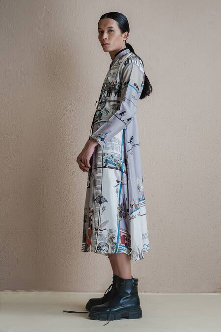 Anurag Gupta Multi Color Denim, Silk High Neck Newspaper Print Dress Online at Aza Fashions Anurag Gupta_Multi Color Denim, Silk High Neck Newspaper Print Dress _Online_at_Aza_Fashions