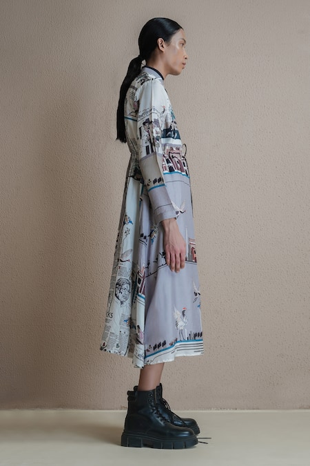 Buy Anurag Gupta Multi Color Denim, Silk High Neck Newspaper Print Dress Online at Aza Fashions Buy_Anurag Gupta_Multi Color Denim, Silk High Neck Newspaper Print Dress _Online_at_Aza_Fashions