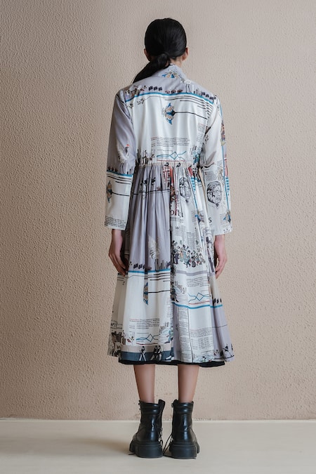 Shop Anurag Gupta Multi Color Denim Turtle Neck Newspaper Print Jacket Dress at Aza Fashions Shop_Anurag Gupta_Multi Color Denim Turtle Neck Newspaper Print Jacket Dress _at_Aza_Fashions