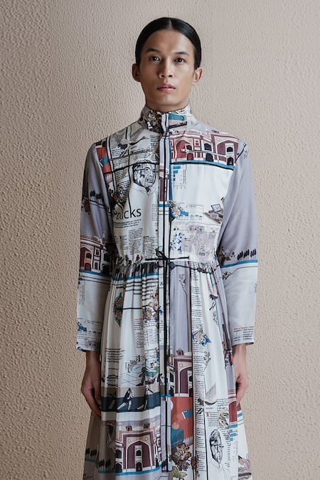 Anurag Gupta Multi Color Denim Turtle Neck Newspaper Print Jacket Dress Online at Aza Fashions Anurag Gupta_Multi Color Denim Turtle Neck Newspaper Print Jacket Dress _Online_at_Aza_Fashions