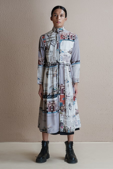Buy Anurag Gupta Multi Color Denim Turtle Neck Newspaper Print Jacket Dress Online at Aza Fashions Buy_Anurag Gupta_Multi Color Denim Turtle Neck Newspaper Print Jacket Dress _Online_at_Aza_Fashions