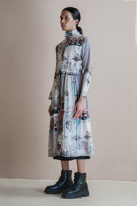 Shop Anurag Gupta Multi Color Denim Turtle Neck Newspaper Print Jacket Dress Online at Aza Fashions Shop_Anurag Gupta_Multi Color Denim Turtle Neck Newspaper Print Jacket Dress _Online_at_Aza_Fashions