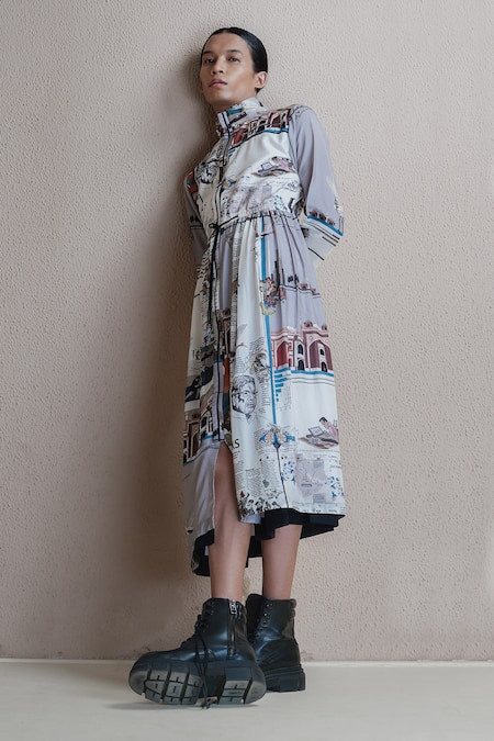 Anurag Gupta Multi Color Denim Turtle Neck Newspaper Print Jacket Dress at Aza Fashions Anurag Gupta_Multi Color Denim Turtle Neck Newspaper Print Jacket Dress _at_Aza_Fashions