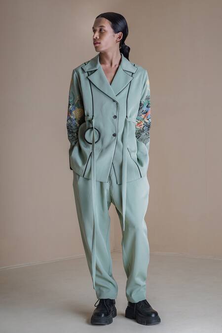 Anurag Gupta Green Crepe Collared Germ Print Coat And Pant Set Online at Aza Fashions Anurag Gupta_Green Crepe Collared Germ Print Coat And Pant Set _Online_at_Aza_Fashions