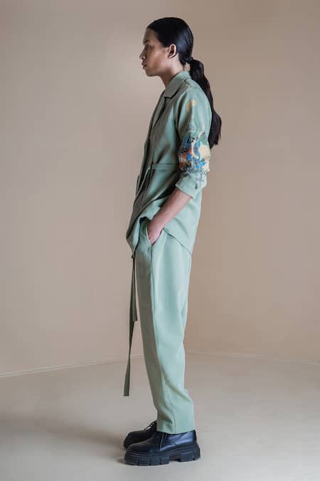 Buy Anurag Gupta Green Crepe Collared Germ Print Coat And Pant Set Online at Aza Fashions Buy_Anurag Gupta_Green Crepe Collared Germ Print Coat And Pant Set _Online_at_Aza_Fashions