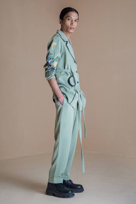 Shop Anurag Gupta Green Crepe Collared Germ Print Coat And Pant Set Online at Aza Fashions Shop_Anurag Gupta_Green Crepe Collared Germ Print Coat And Pant Set _Online_at_Aza_Fashions