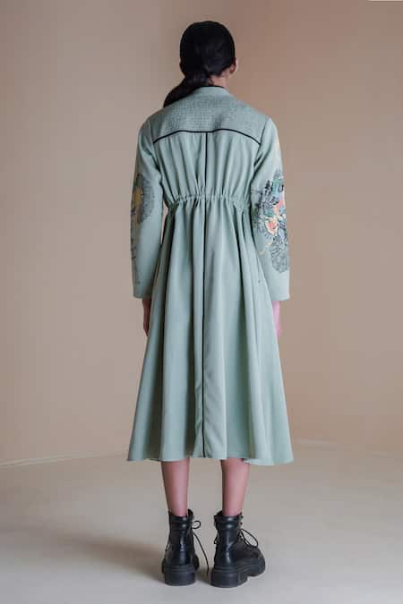 Shop Anurag Gupta Green Crepe High Neck Smocked Collar Straight Dress at Aza Fashions Shop_Anurag Gupta_Green Crepe High Neck Smocked Collar Straight Dress _at_Aza_Fashions