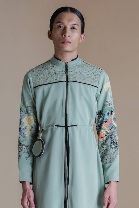 Anurag Gupta Green Crepe High Neck Smocked Collar Straight Dress Online at Aza Fashions Anurag Gupta_Green Crepe High Neck Smocked Collar Straight Dress _Online_at_Aza_Fashions