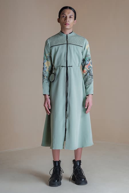 Buy Anurag Gupta Green Crepe High Neck Smocked Collar Straight Dress Online at Aza Fashions Buy_Anurag Gupta_Green Crepe High Neck Smocked Collar Straight Dress _Online_at_Aza_Fashions