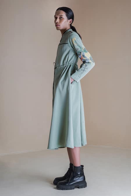 Shop Anurag Gupta Green Crepe High Neck Smocked Collar Straight Dress Online at Aza Fashions Shop_Anurag Gupta_Green Crepe High Neck Smocked Collar Straight Dress _Online_at_Aza_Fashions