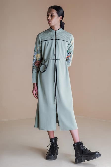 Anurag Gupta Green Crepe High Neck Smocked Collar Straight Dress at Aza Fashions Anurag Gupta_Green Crepe High Neck Smocked Collar Straight Dress _at_Aza_Fashions