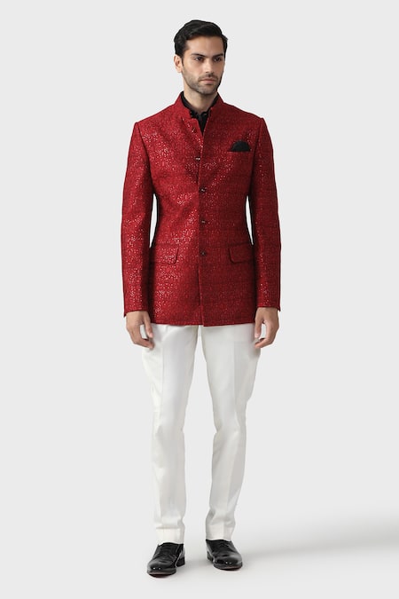 Raghavendra Rathore Jodhpur_Maroon Silk Sequins, Embroidery The Pompeiian Bandhgala Jacket _Online_at_Aza_Fashions