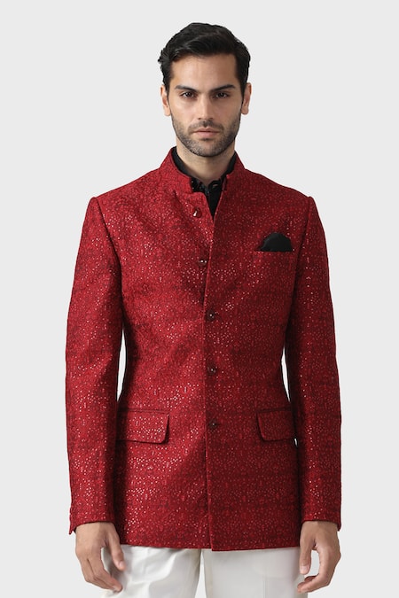 Buy_Raghavendra Rathore Jodhpur_Maroon Silk Sequins, Embroidery The Pompeiian Bandhgala Jacket _Online_at_Aza_Fashions