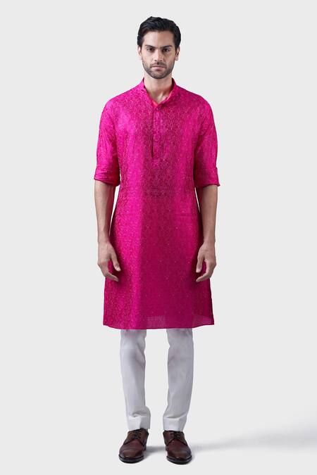 Raghavendra Rathore Jodhpur_Pink Silk Embroidery Topaz Kurta_Online_at_Aza_Fashions