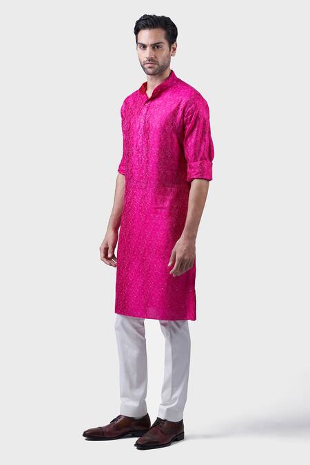 Buy_Raghavendra Rathore Jodhpur_Pink Silk Embroidery Topaz Kurta_Online_at_Aza_Fashions