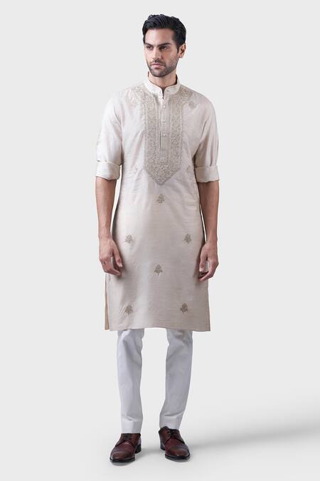 Raghavendra Rathore Jodhpur Beige Silk Embroidery Interspersed Floral Kurta Online at Aza Fashions Raghavendra Rathore Jodhpur_Beige Silk Embroidery Interspersed Floral Kurta _Online_at_Aza_Fashions