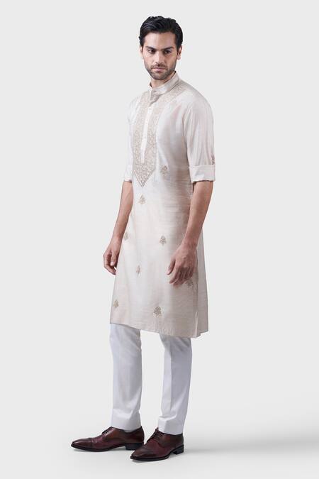 Shop Raghavendra Rathore Jodhpur Beige Silk Embroidery Interspersed Floral Kurta Online at Aza Fashions Shop_Raghavendra Rathore Jodhpur_Beige Silk Embroidery Interspersed Floral Kurta _Online_at_Aza_Fashions