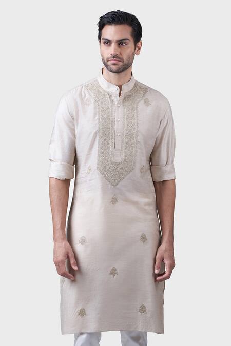 Raghavendra Rathore Jodhpur Beige Silk Embroidery Interspersed Floral Kurta at Aza Fashions Raghavendra Rathore Jodhpur_Beige Silk Embroidery Interspersed Floral Kurta _at_Aza_Fashions