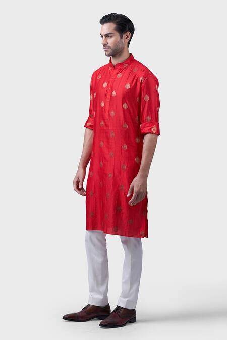 Raghavendra Rathore Jodhpur Red Silk Embroidered Floral The Gilded Sindoori Kurta