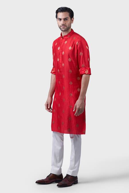 Raghavendra Rathore Jodhpur Red Silk Embroidery The Gilded Sindoori Kurta Online at Aza Fashions Raghavendra Rathore Jodhpur_Red Silk Embroidery The Gilded Sindoori Kurta _Online_at_Aza_Fashions