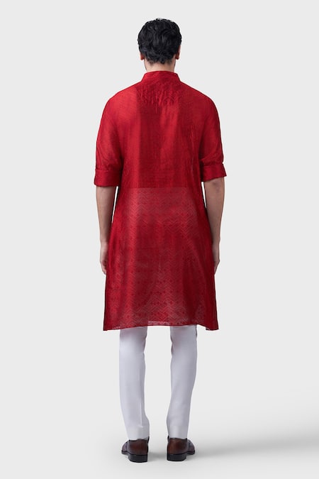 Shop Raghavendra Rathore Jodhpur Red Silk Embroidery, Sequins The Gilded Scarlet Kurta at Aza Fashions Shop_Raghavendra Rathore Jodhpur_Red Silk Embroidery, Sequins The Gilded Scarlet Kurta _at_Aza_Fashions