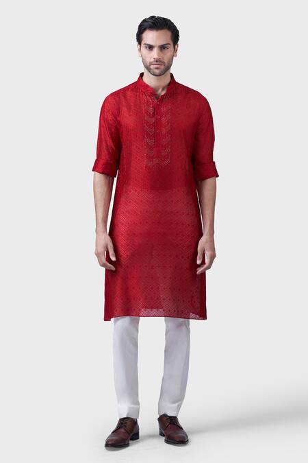 Raghavendra Rathore Jodhpur Red Silk Embroidery, Sequins The Gilded Scarlet Kurta Online at Aza Fashions Raghavendra Rathore Jodhpur_Red Silk Embroidery, Sequins The Gilded Scarlet Kurta _Online_at_Aza_Fashions