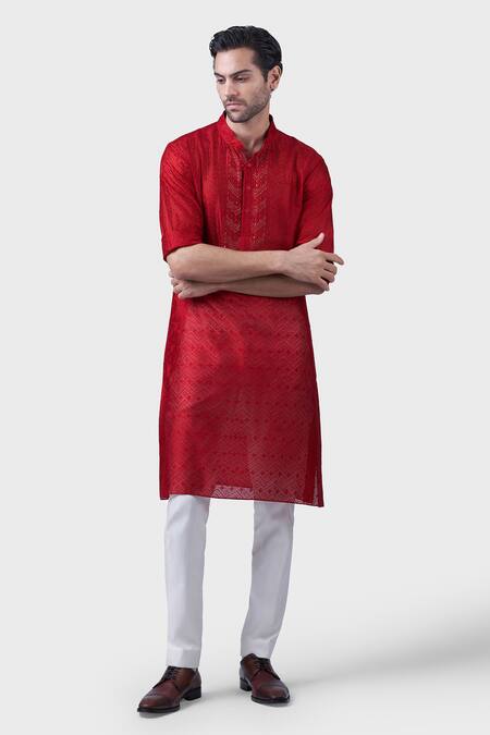 Buy Raghavendra Rathore Jodhpur Red Silk Embroidery, Sequins The Gilded Scarlet Kurta Online at Aza Fashions Buy_Raghavendra Rathore Jodhpur_Red Silk Embroidery, Sequins The Gilded Scarlet Kurta _Online_at_Aza_Fashions