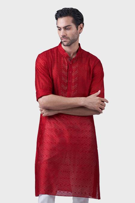 Shop Raghavendra Rathore Jodhpur Red Silk Embroidery, Sequins The Gilded Scarlet Kurta Online at Aza Fashions Shop_Raghavendra Rathore Jodhpur_Red Silk Embroidery, Sequins The Gilded Scarlet Kurta _Online_at_Aza_Fashions