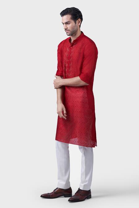 Raghavendra Rathore Jodhpur Red Silk Embroidery, Sequins The Gilded Scarlet Kurta at Aza Fashions Raghavendra Rathore Jodhpur_Red Silk Embroidery, Sequins The Gilded Scarlet Kurta _at_Aza_Fashions