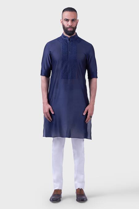 Raghavendra Rathore Jodhpur Blue Silk Embroidery The Midnight Jharokha Jaali Kurta Online at Aza Fashions Raghavendra Rathore Jodhpur_Blue Silk Embroidery The Midnight Jharokha Jaali Kurta _Online_at_Aza_Fashions